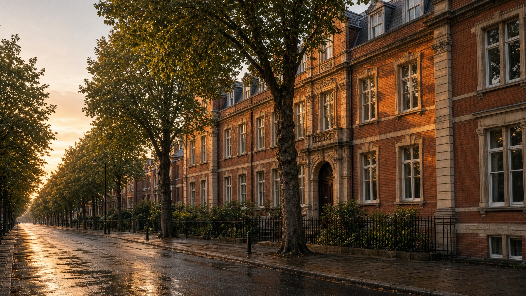 West London street with a red-brick civic building
